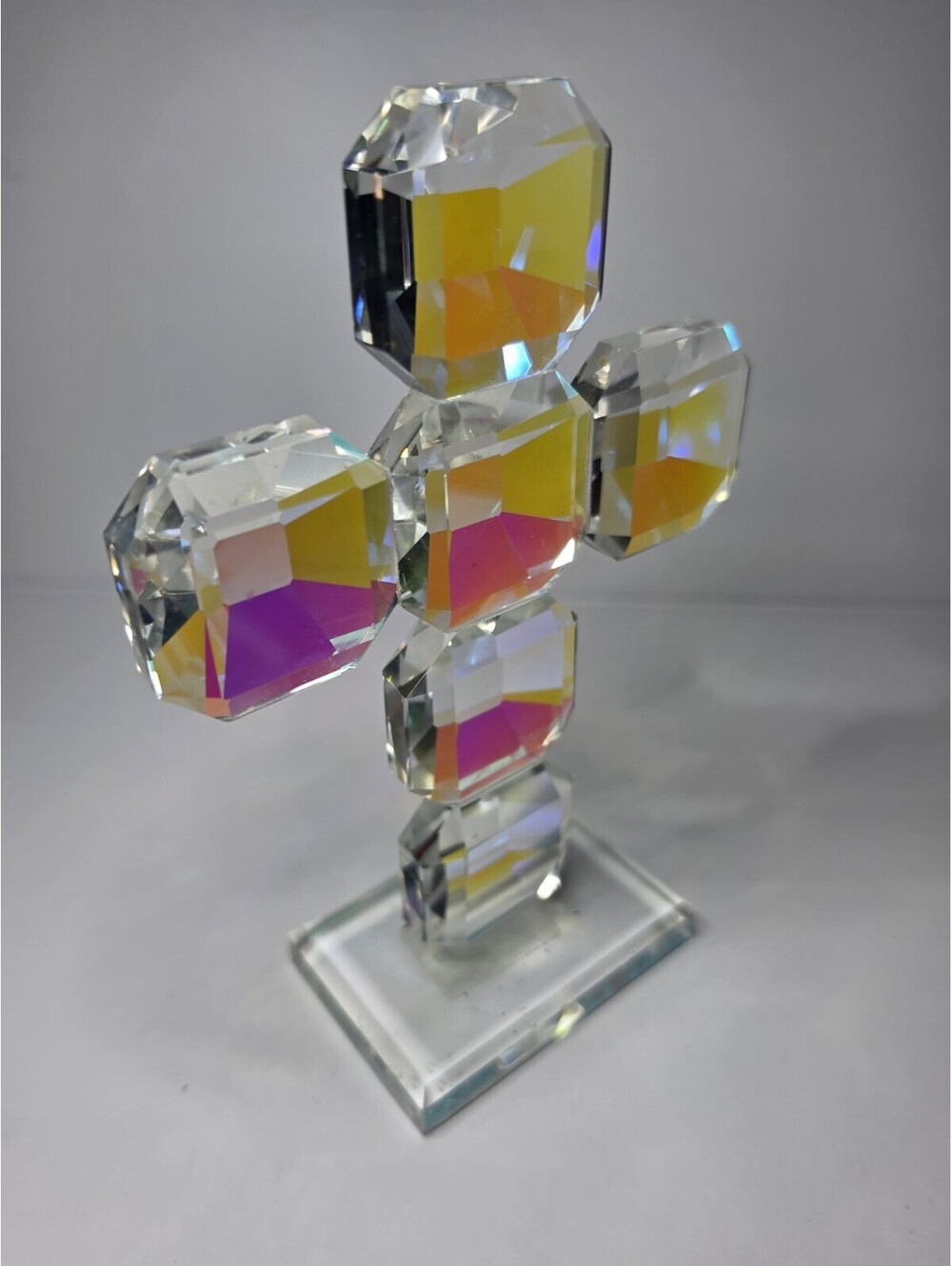 Oleg Cassini Iridescent Crystal Cut Glass Square Cross Figurine 7"